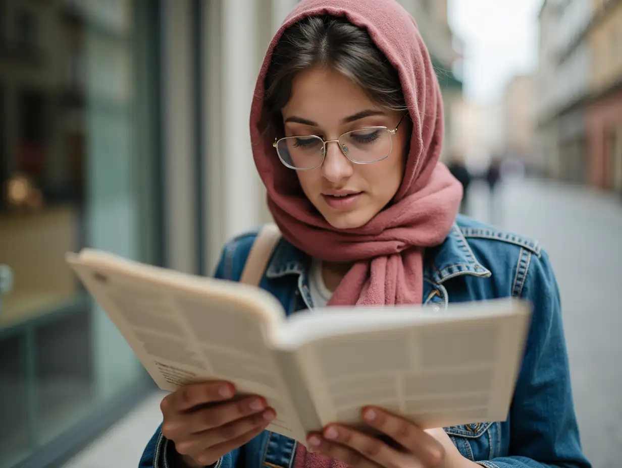 Lady-Reading-Leaflet-with-Headscarf