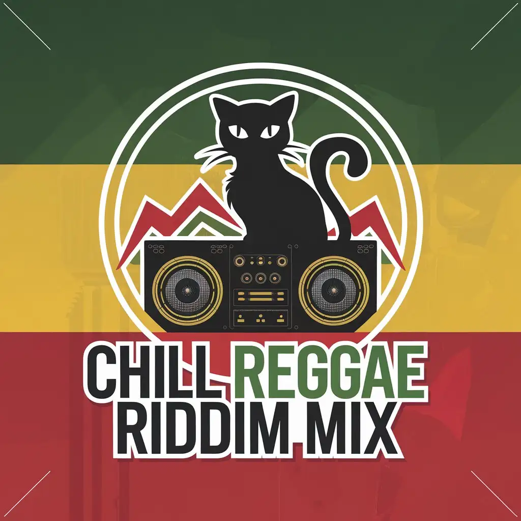 LOGO Design for Chill Reggae Riddim Mix Black Cat Sound System with Rasta Colors in Reggae Style