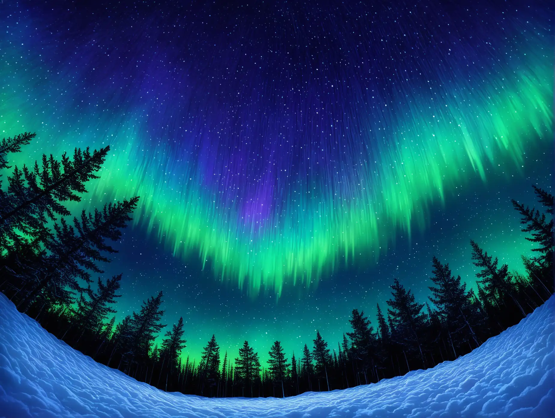 Gazing-at-the-Northern-Lights-Under-a-Starry-Sky-with-SnowCovered-Pine-Trees