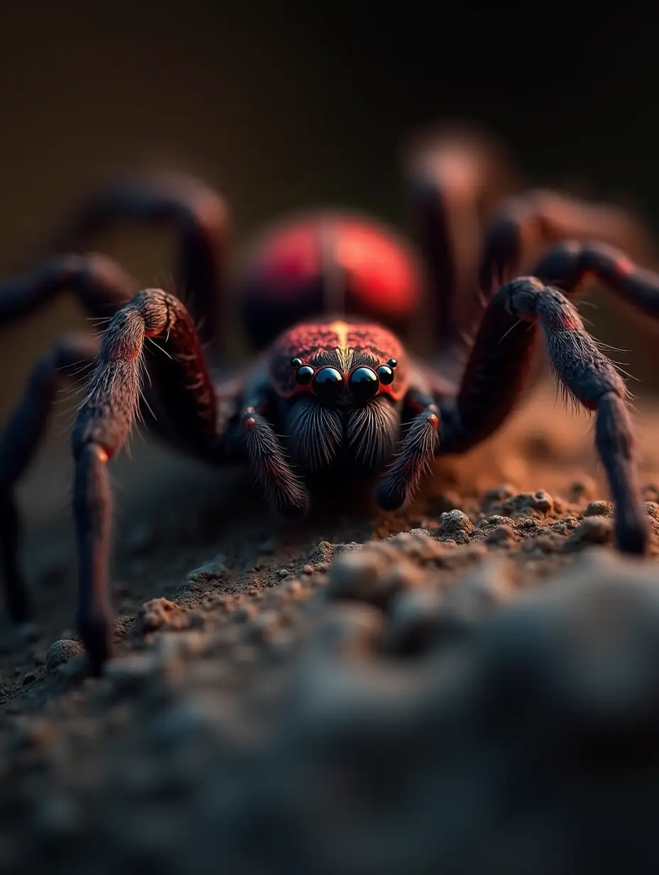 Closeup-Spider-with-Red-and-Black-Body-in-Cave-at-Dusk