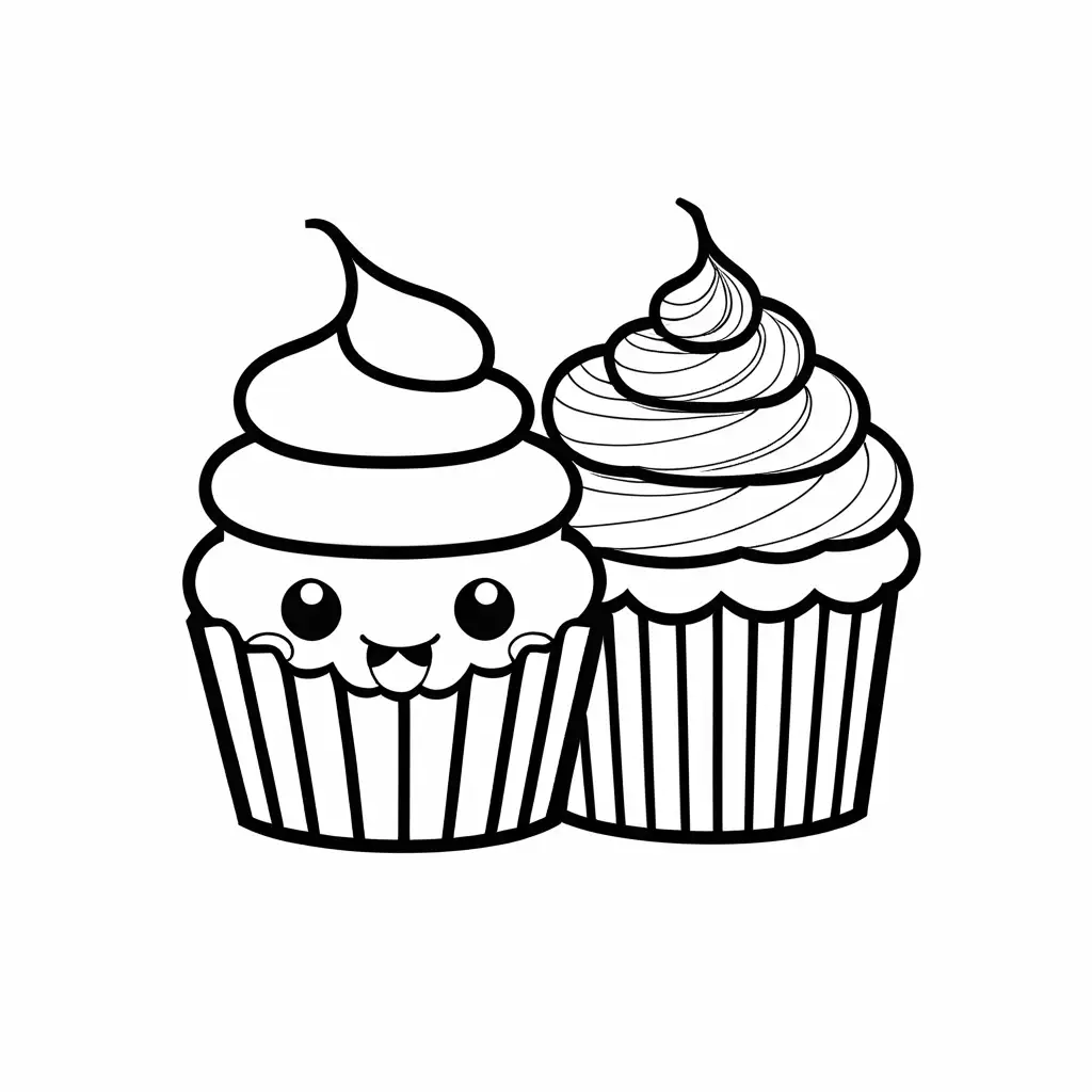bold and easy two kawaii cupcakes coloring page, Coloring Page, black and white, line art, white background, Simplicity, Ample White Space. The background of the coloring page is plain white to make it easy for young children to color within the lines. The outlines of all the subjects are easy to distinguish, making it simple for kids to color without too much difficulty