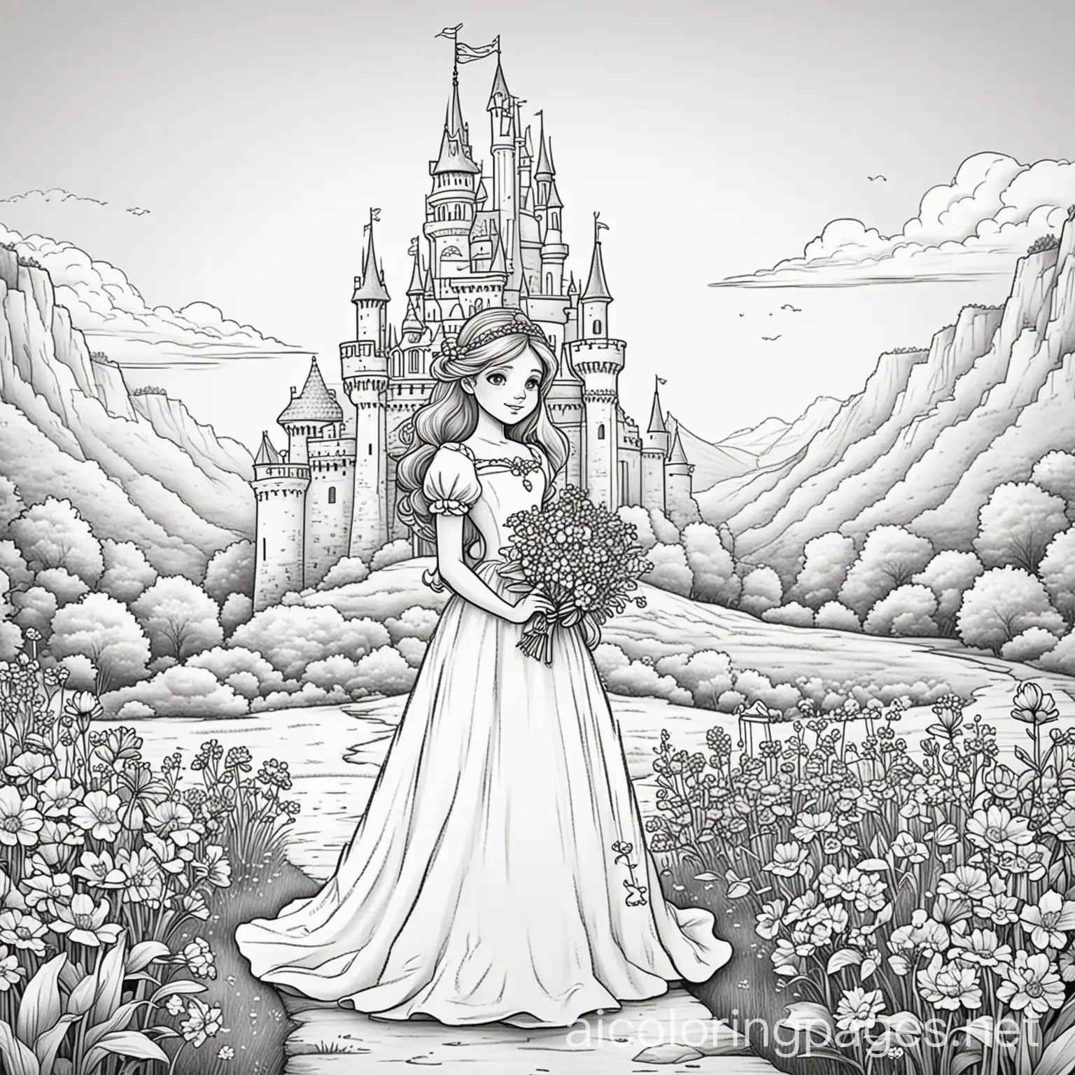 Princess-Holding-Flower-Bouquet-Coloring-Page