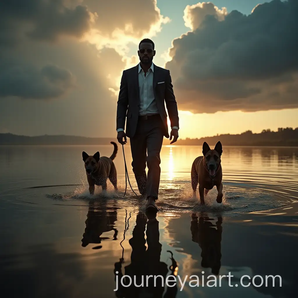 Stylish-Black-Man-Walking-on-Water-with-German-Shepherds-and-Dramatic-Sky