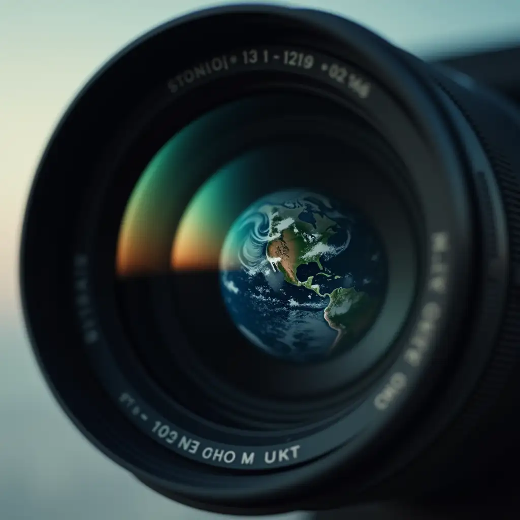 Close Up Cinema Camera Lens Reflecting Earth in Neutral Background