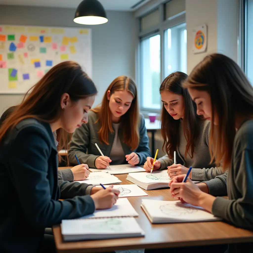 a girls' school, class of graphic design course, students working on their projects