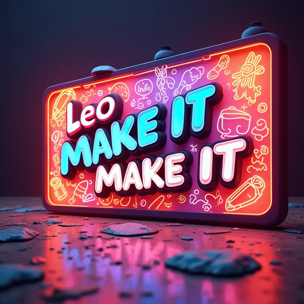 A vibrant, dynamic scene of a colorful TikTok logo against a bright backdrop, with bold text 'Leo MAKE IT' in a playful font, surrounded by playful doodles representing unexpected video ideas, colorful lighting.