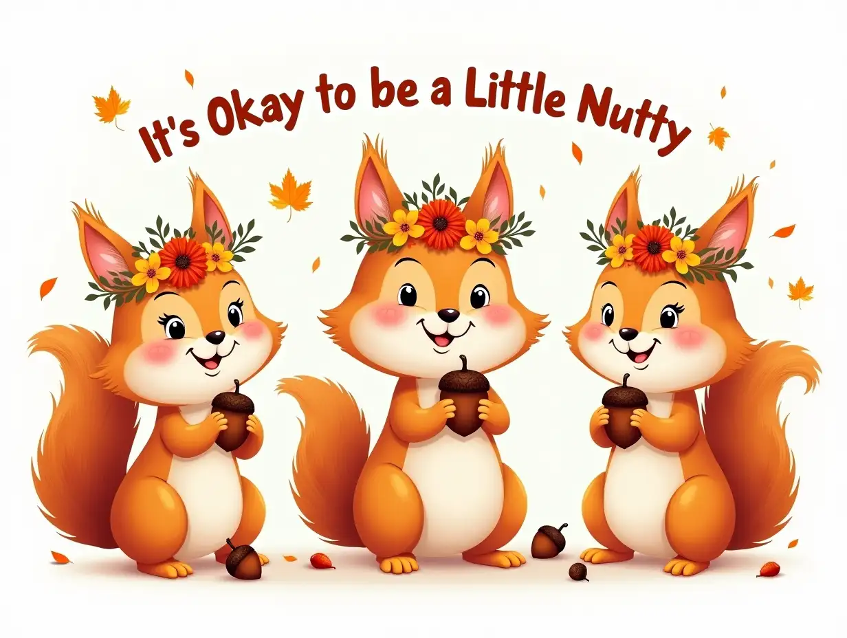 Vector, caricature, 64k. Three playful squirrel wearing a vibrant floral crown, holding an acorn in its paws. The squirrel is surrounded by falling autumn leaves and scattered acorns. The overall style is whimsical and detailed, with a focus on the charm of the animal and the beauty of the season. featuring the word 'It's Okay to be a Little Nutty' in bold.