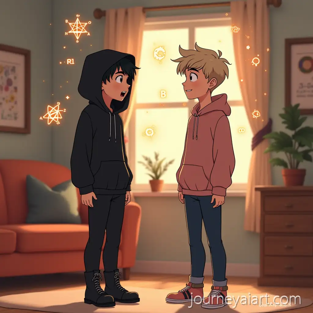 Animated-Cozy-Room-Scene-with-Two-Young-Men-and-Floating-Glowing-Symbols