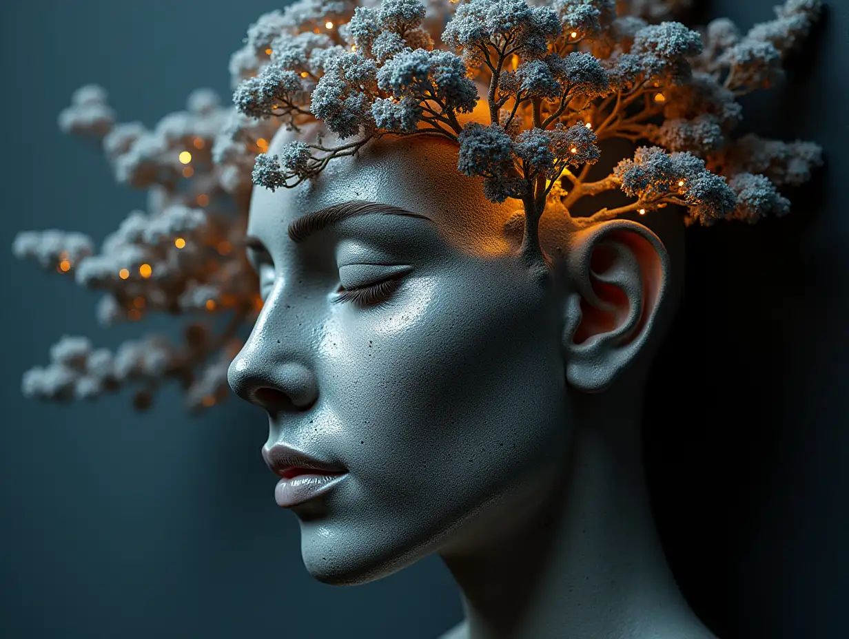 Face with hair transformed into building with silver stone and Illuminated tree Radio