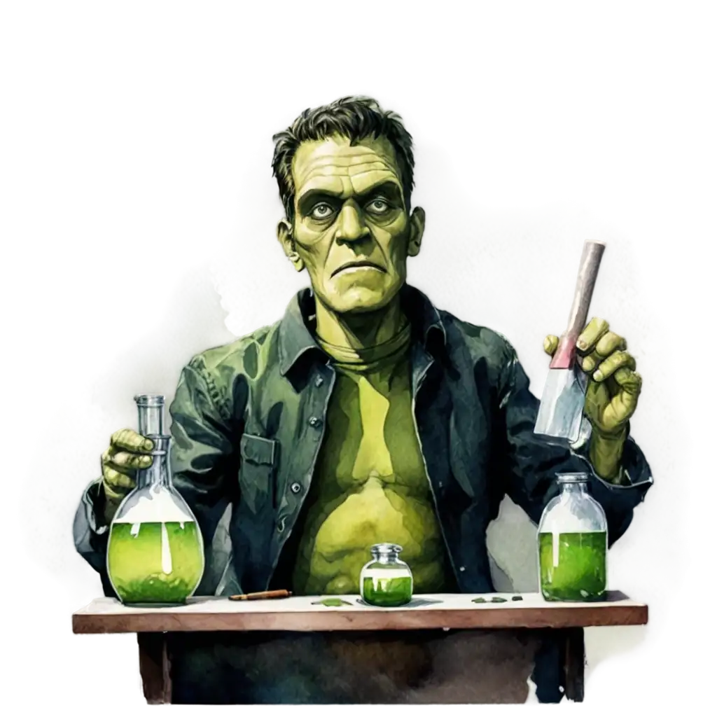 Watercolor-Frankensteins-Laboratory-PNG-Image-Artistic-Creation-with-a-Gothic-Twist