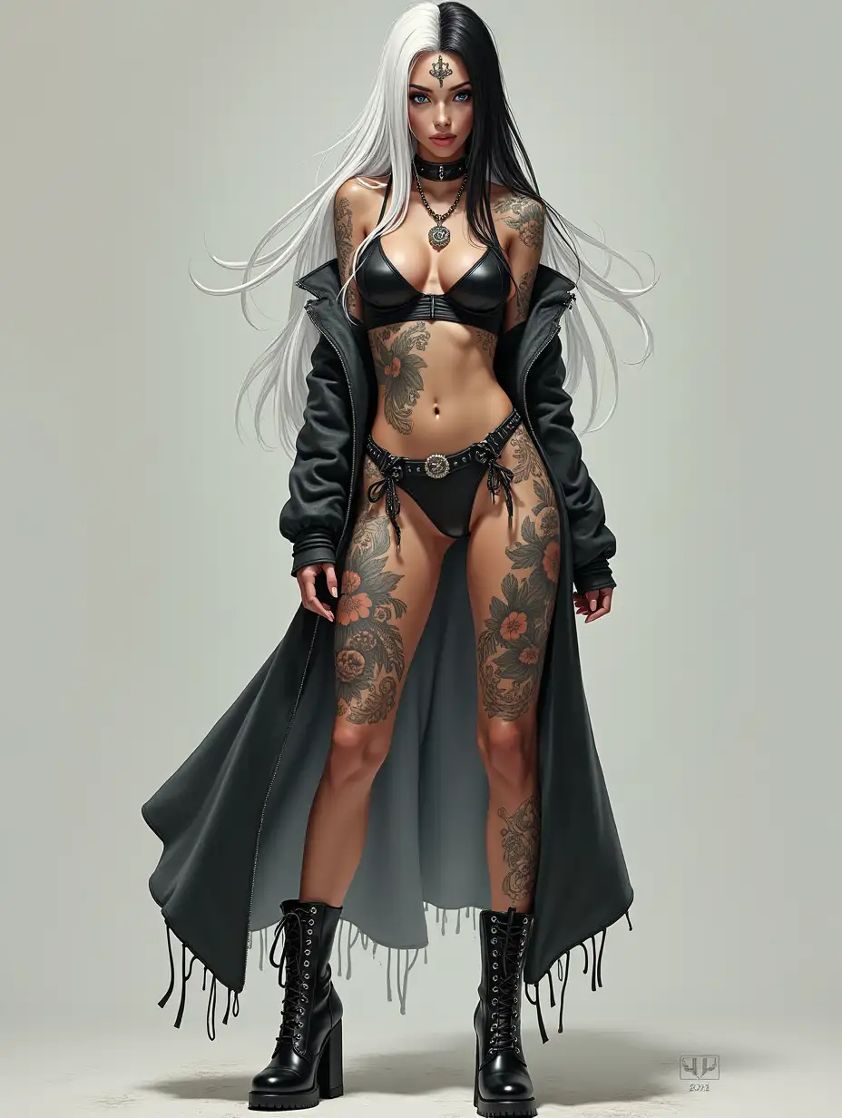 Depiction of a beautiful white woman with tattoos and long mixed white-black hair in a futuristic style and laced boots