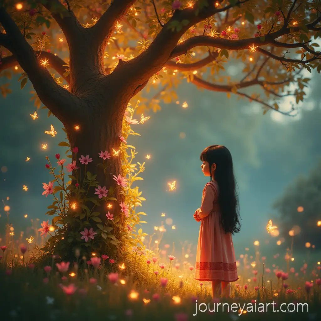 Young-Girl-Beside-Glowing-Magical-Tree-with-Fantasy-Flowers-and-Golden-Butterflies