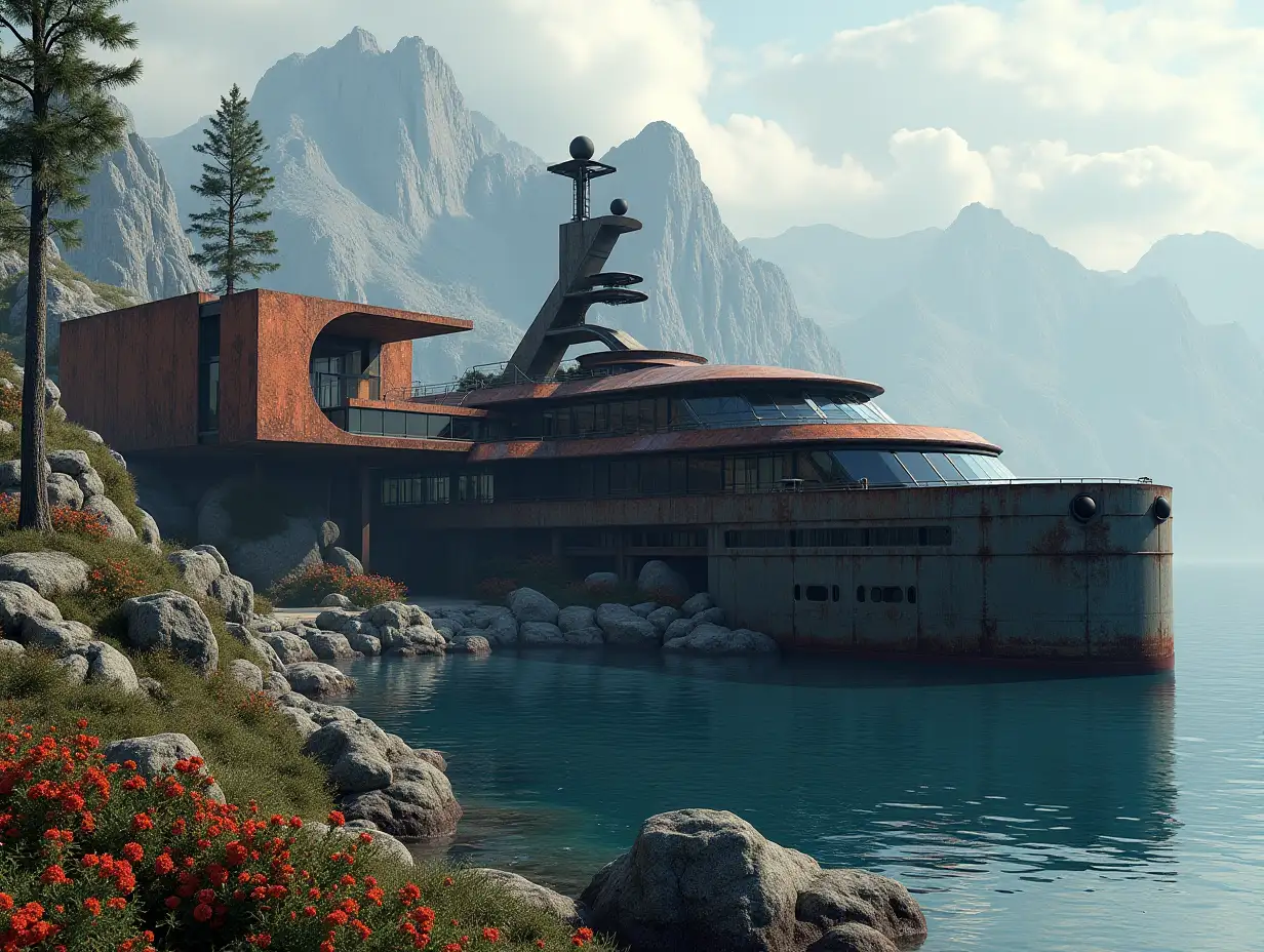 Create a high-resolution realistic image in 4k resolution a rusty future style building with black patterned walls and curved pillars, mountains big trees, rocks flowers a very large futuristic yacht with glass deck cloudy sky