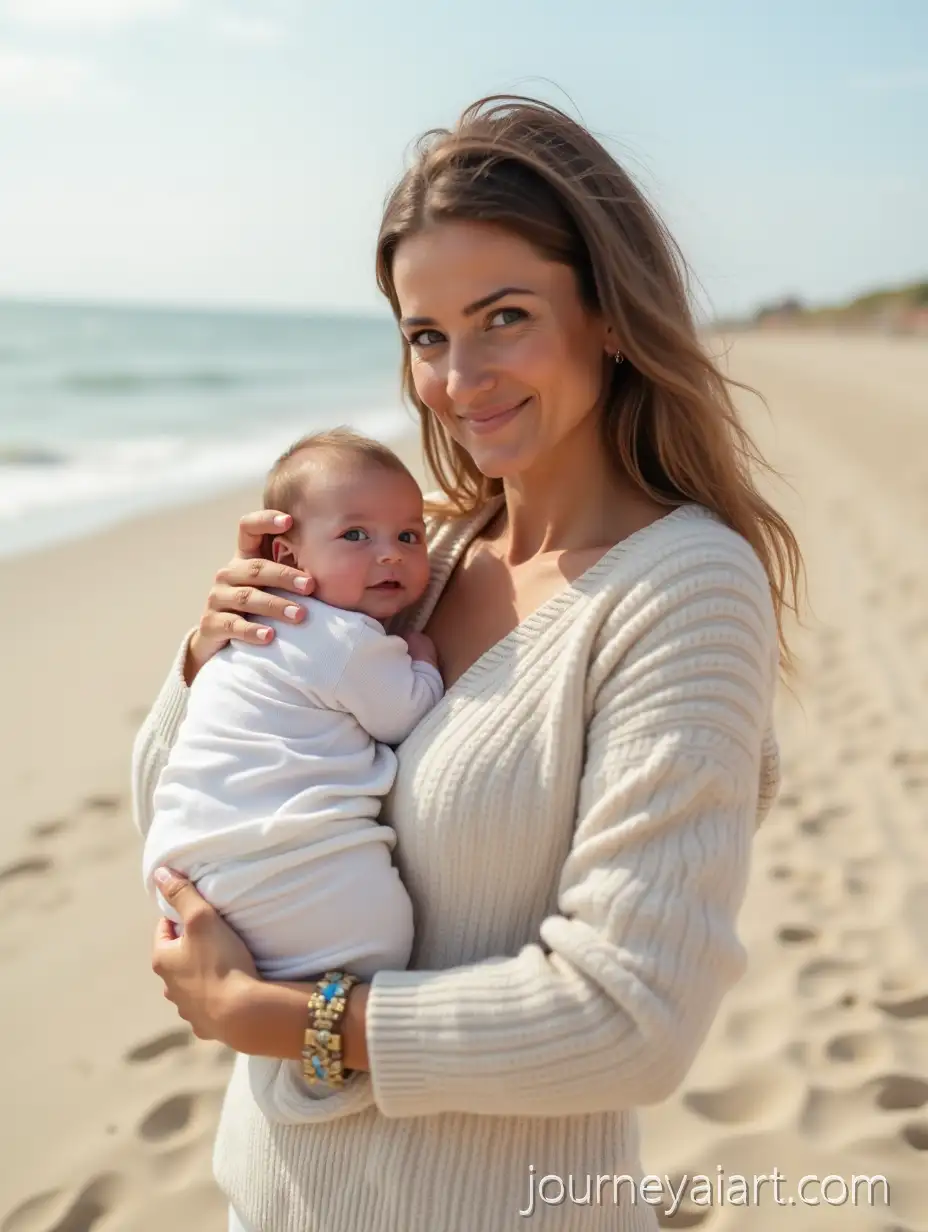 Mother-Holding-Newborn-Baby-on-a-Peaceful-Beach-at-Sunset
