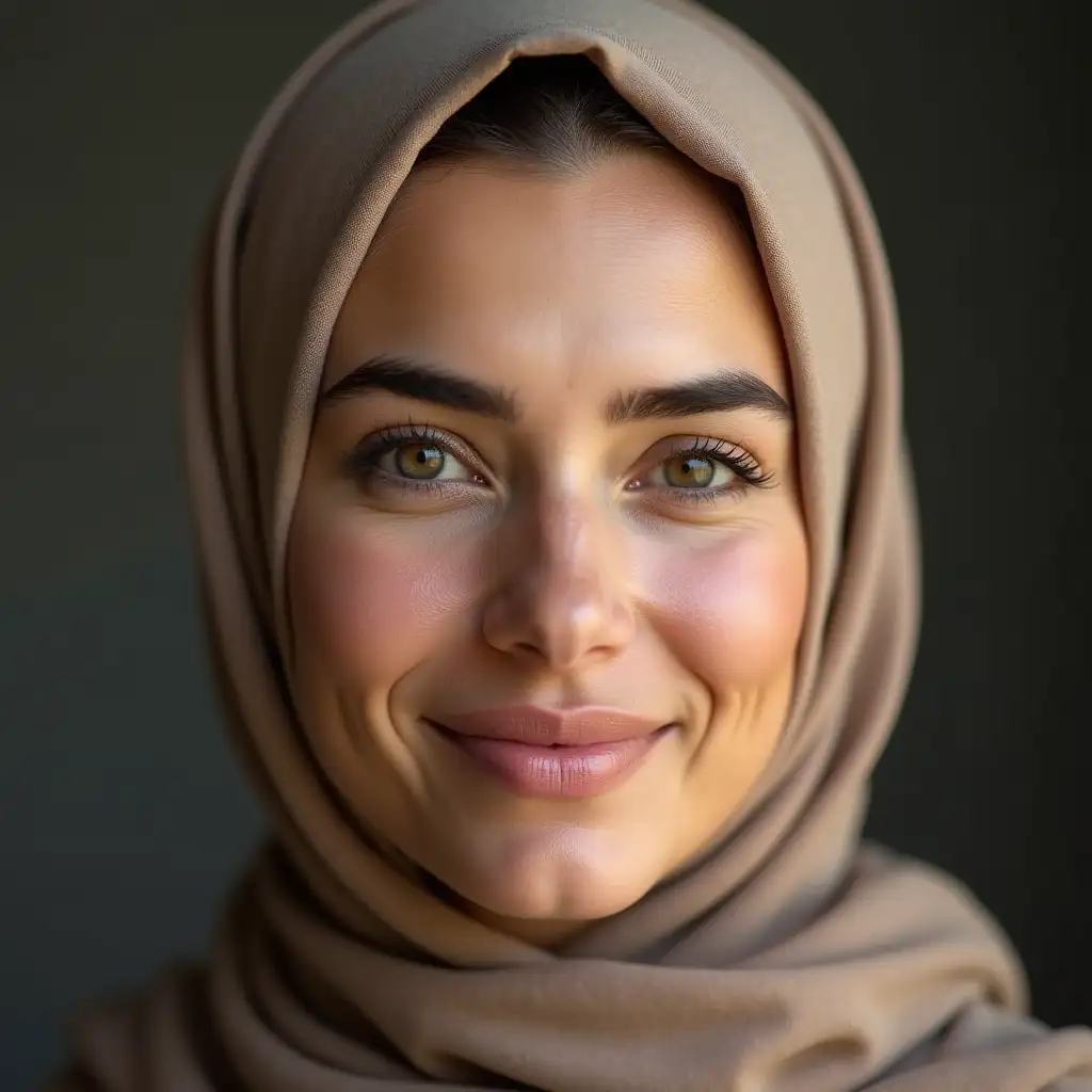 A beautiful Muslim woman with a motherly face and no wrinkles or blemishes in the picture