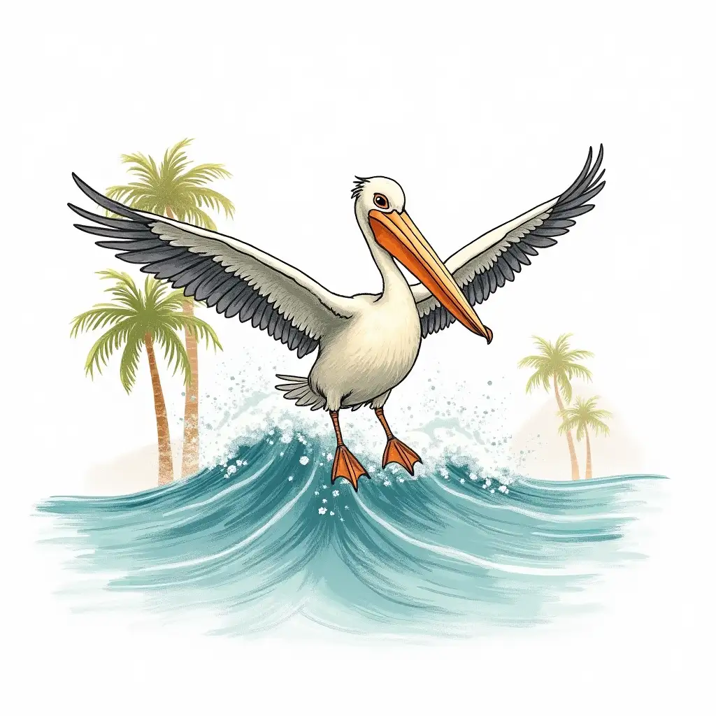 A distressed and faded vintage hand-drawn sketch of a pelican riding a wave, the pelican has its wings spread out. In the background, there are palm trees. The scene is set on a clean white background.