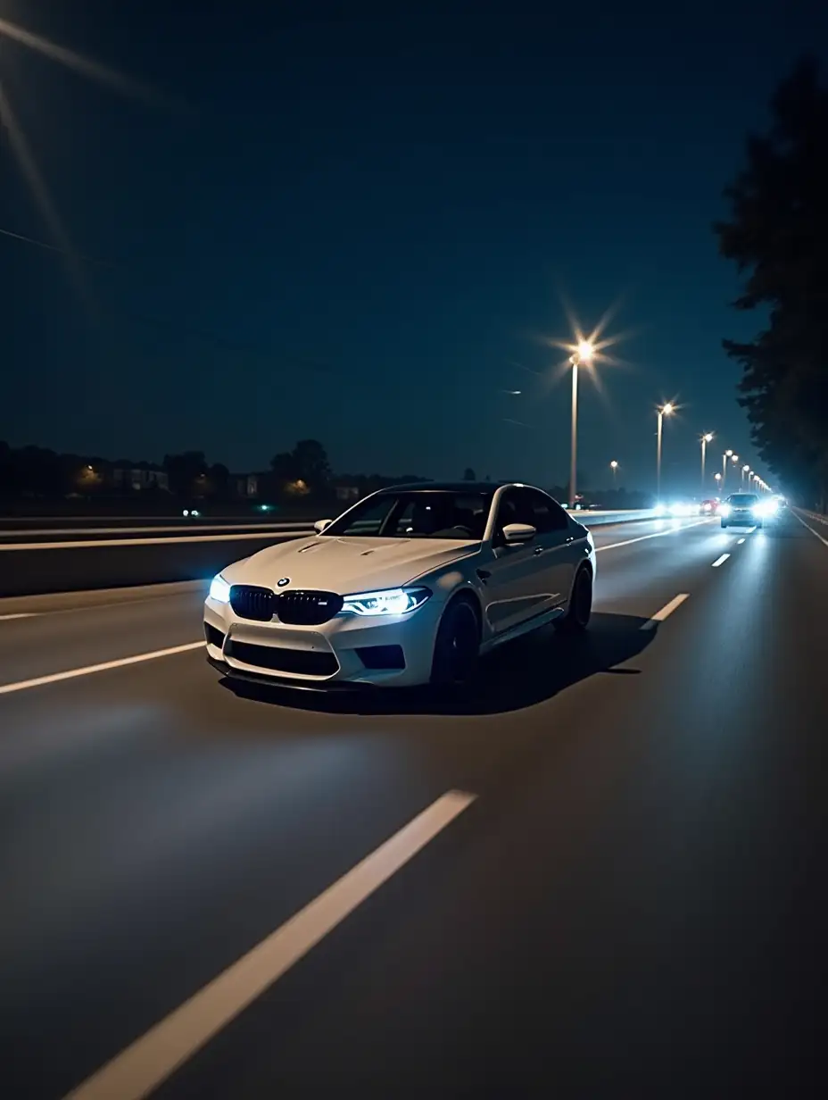 A BMW M5 competition speeding on the highway at night