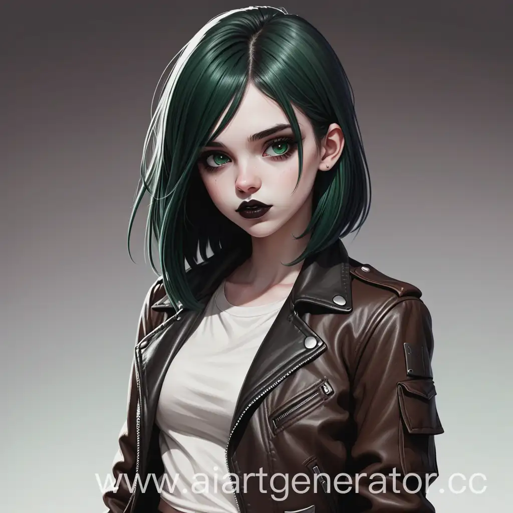 Girl, seventeen years, dark green hair, straight hair, white skin, grey eyes, black lips, in brown leather jacket, dnd character