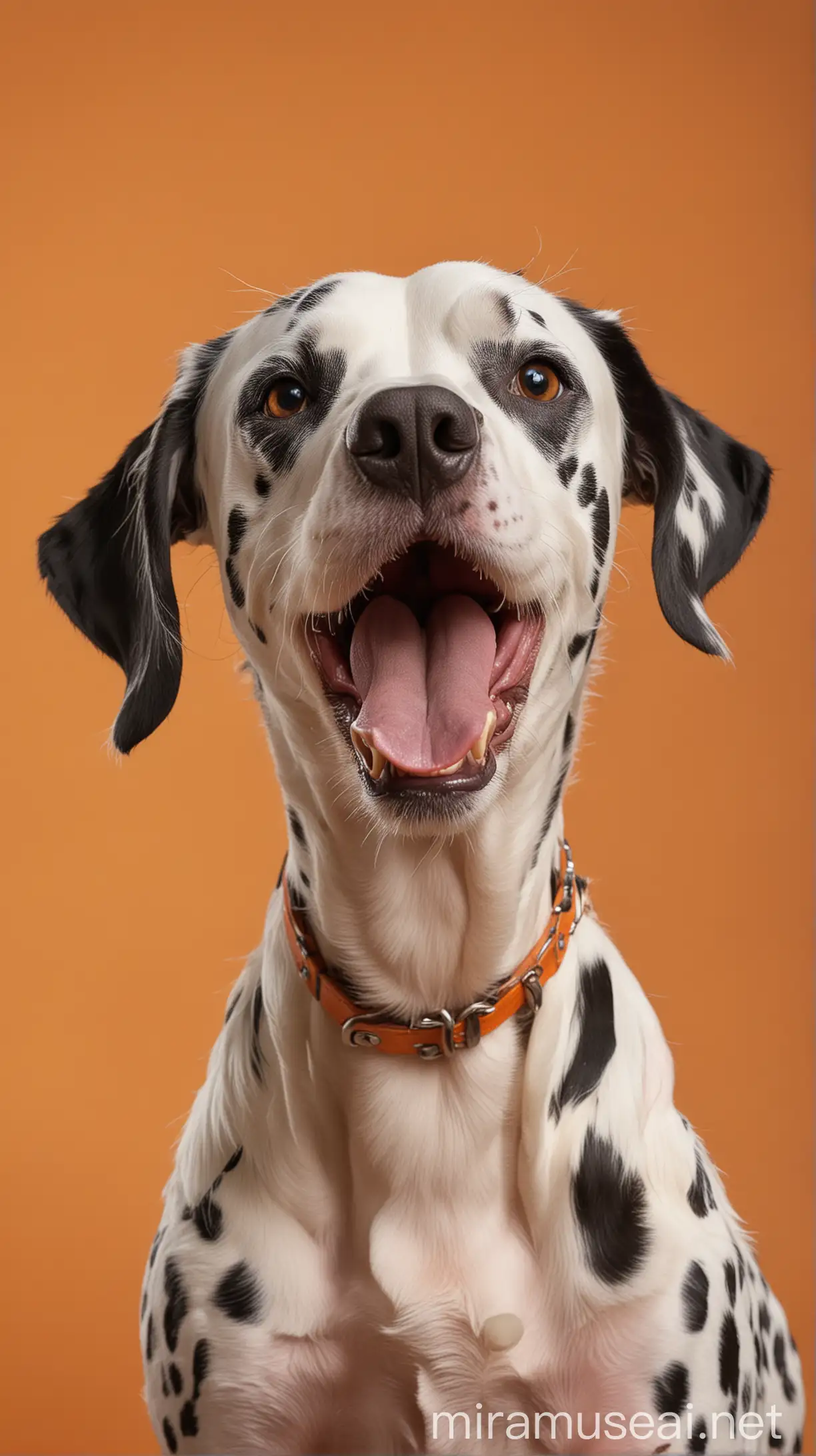 Dalmatian Dog Portrait with Open Mouth on Orange Background