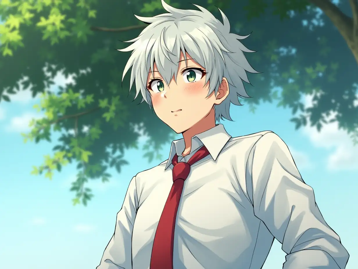 A boy in a white shirt of highschool, white hair and a red tie is making expressions, how if was relaxing under a tree. A anime style.