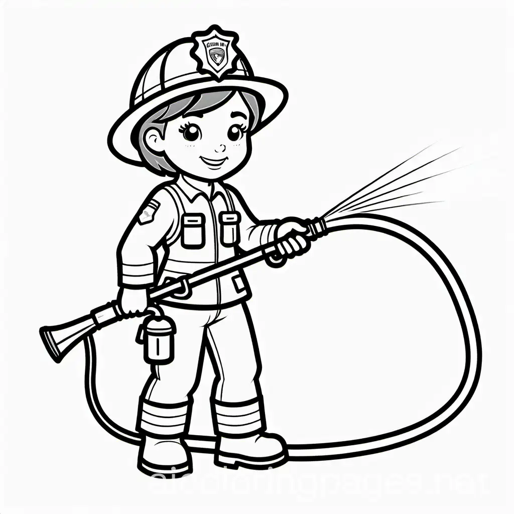 Female kid firefighter spraying a hose with a bob haircut and a little chief hat , Coloring Page, black and white, line art, white background, Simplicity, Ample White Space. The background of the coloring page is plain white to make it easy for young children to color within the lines. The outlines of all the subjects are easy to distinguish, making it simple for kids to color without too much difficulty