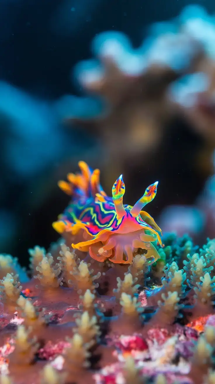 Macro photograph, vibrant nudibranch crawling on a colorful coral, shallow depth of field, bokeh background of reef, intense close-up, rhinophores in focus, psychedelic colors, ultra-detailed, underwater macro photography, natural sunlight, professional --ar 1:1 --zoom 2 --v 5 --s 500