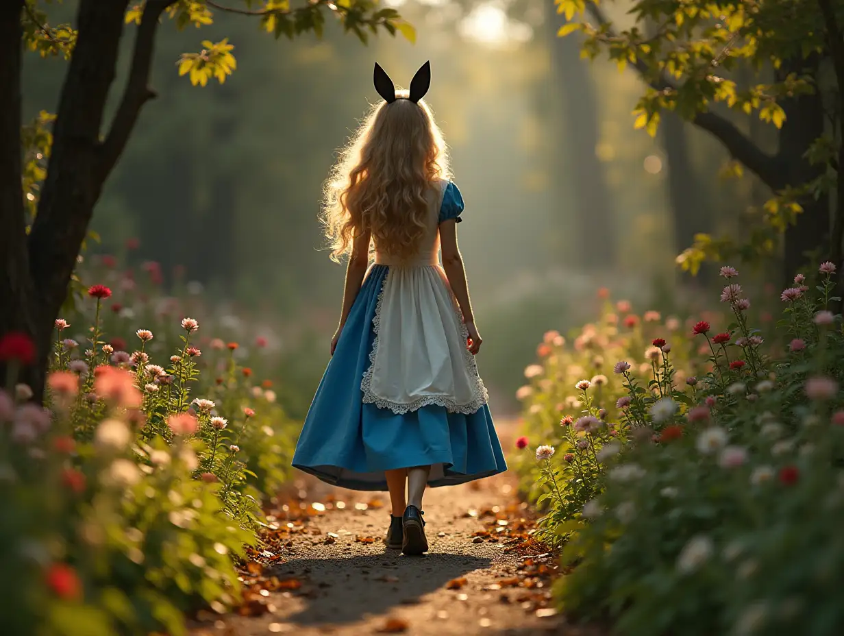 alice from the movie alice in wonderland is walking in the garden