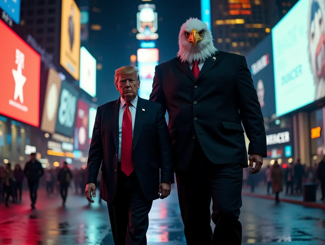 Scene: Times Square at night – realistic and cinematic atmosphere. Setting: Times Square illuminated, wet ground reflecting neon lights. Billboard lights flashing, dark yet vibrant atmosphere, film-noir style. Character 1: Donald Trump, wearing a black suit, white shirt, and red tie. Walking slowly, looking straight ahead with a confident, serious expression. Character 2: A giant man, twice the size of Trump, with a human body and a realistic eagle head. Wearing a black three-piece suit. Walking slightly ahead of Trump, on his right side, with a sharp, protective gaze. Visual effects: Reflections of neon lights on the ground, flashing red and blue billboards, slight mist in the air. Atmosphere: Cinematic, dark, and realistic.