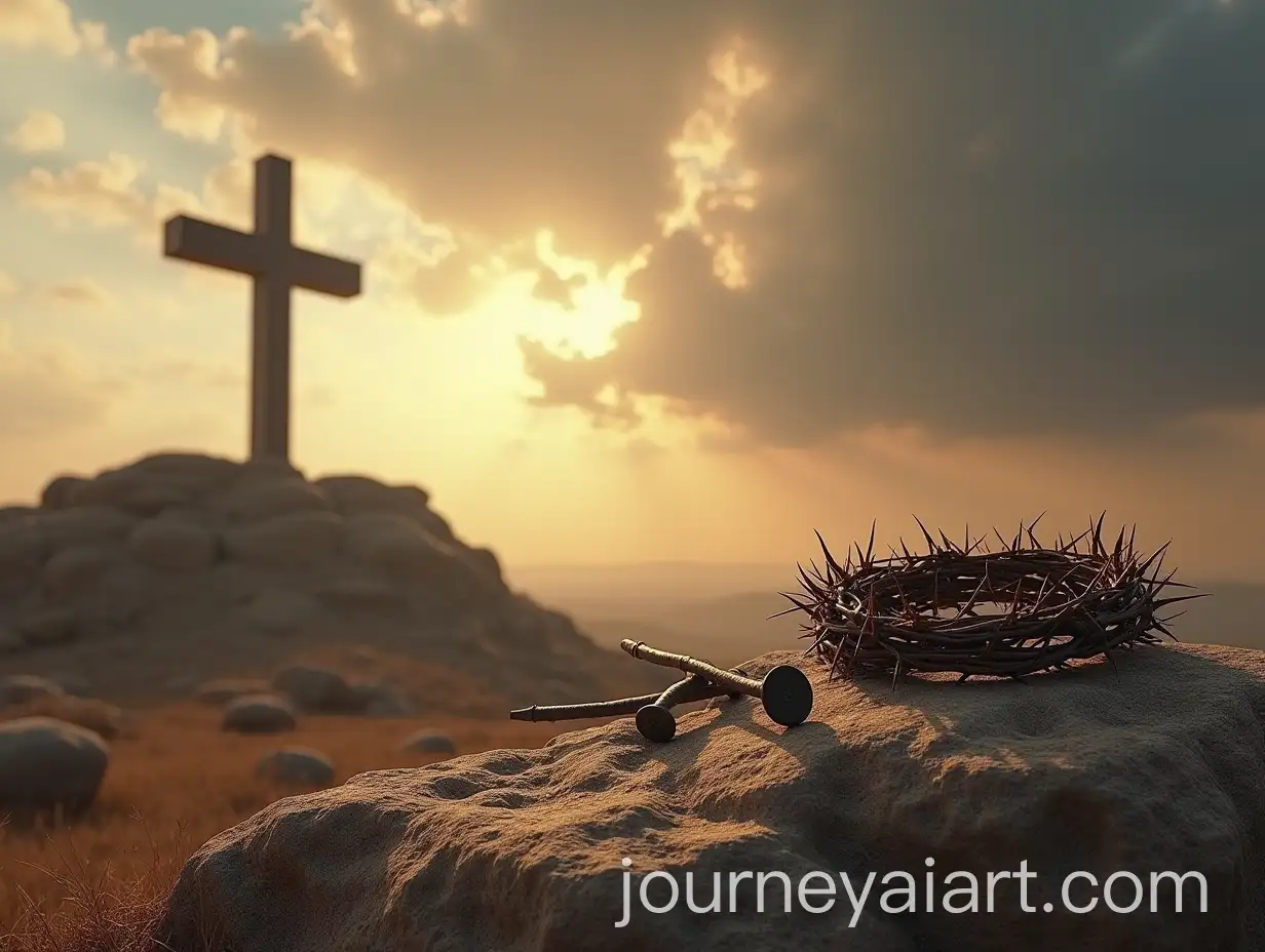 Ancient-Middle-Eastern-Landscape-with-Thorn-Crown-and-Iron-Nails-on-Hilltop