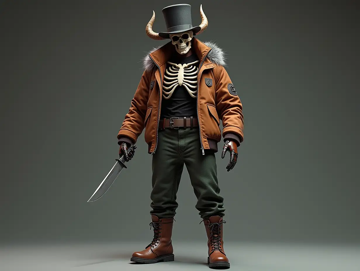 Create a high-resolution, realistic image of a robot with a skeleton body, brown leather boots and head of a fashion tracksuit, and a knife in hand with a top hat and horn in 4K resolution