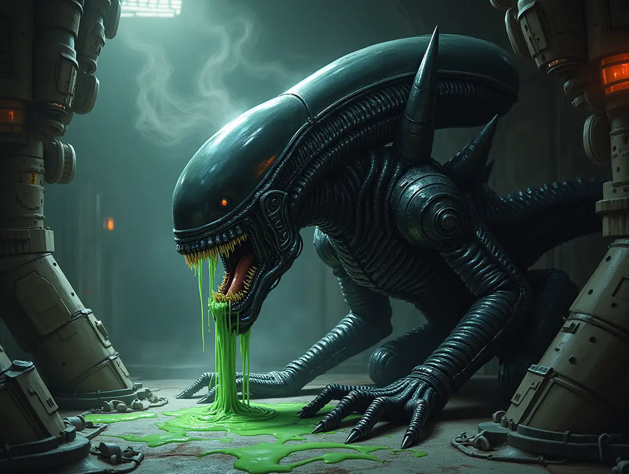 Draw a Xenomorph from the movie Alien. Acid is dripping from the xenomorph's open mouth. The acid burns the metal floor near the xenomorph. The xenomorph is on a spaceship. Steam comes out of pipes. There is semi-darkness.