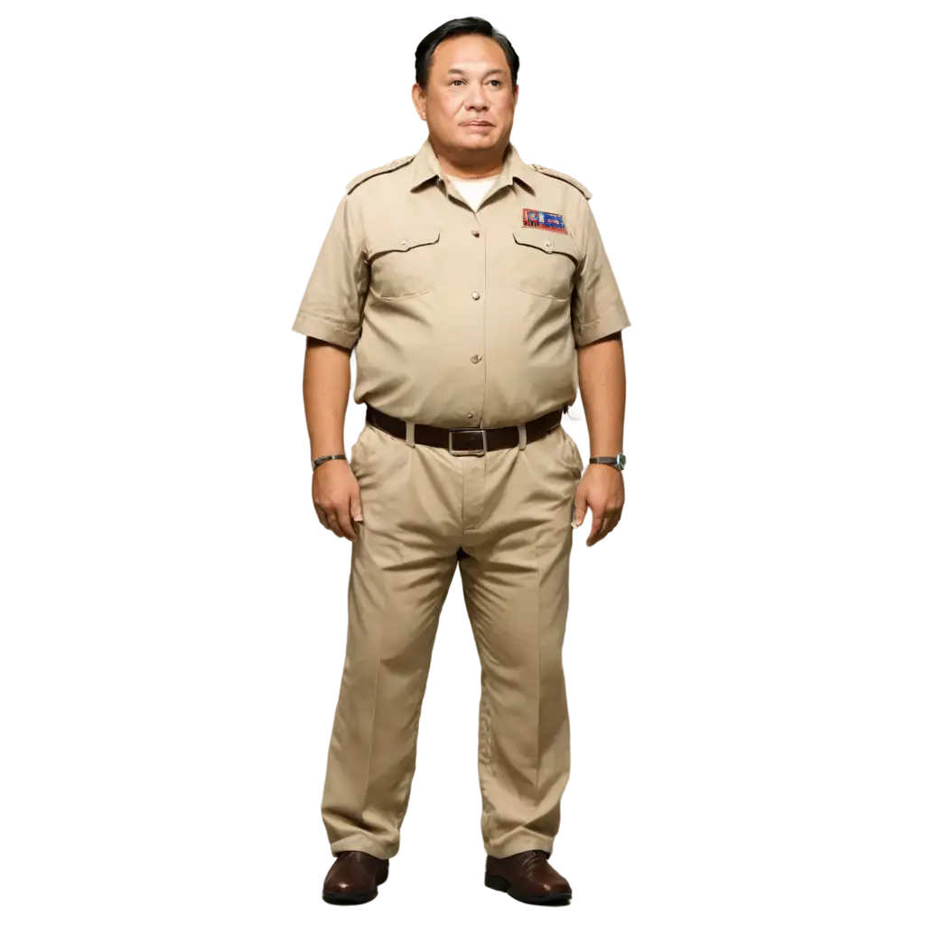 1 elderly father figure, depicted as a chubby khaki-wearing Indonesian civil servant, tall and stout, wearing plain khaki clothing without a logo, with a white shirt, white background