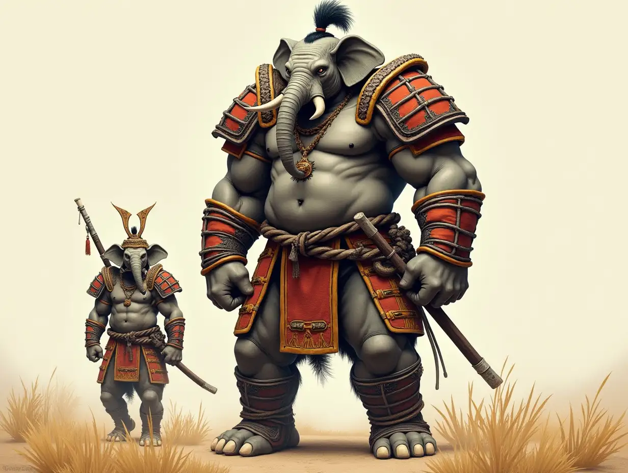 A very detailed picture. A full body representation of an ELEFANT hybrid bodybuilder Samurai equipment and ELEFANT and ELEFANT Desert Grass