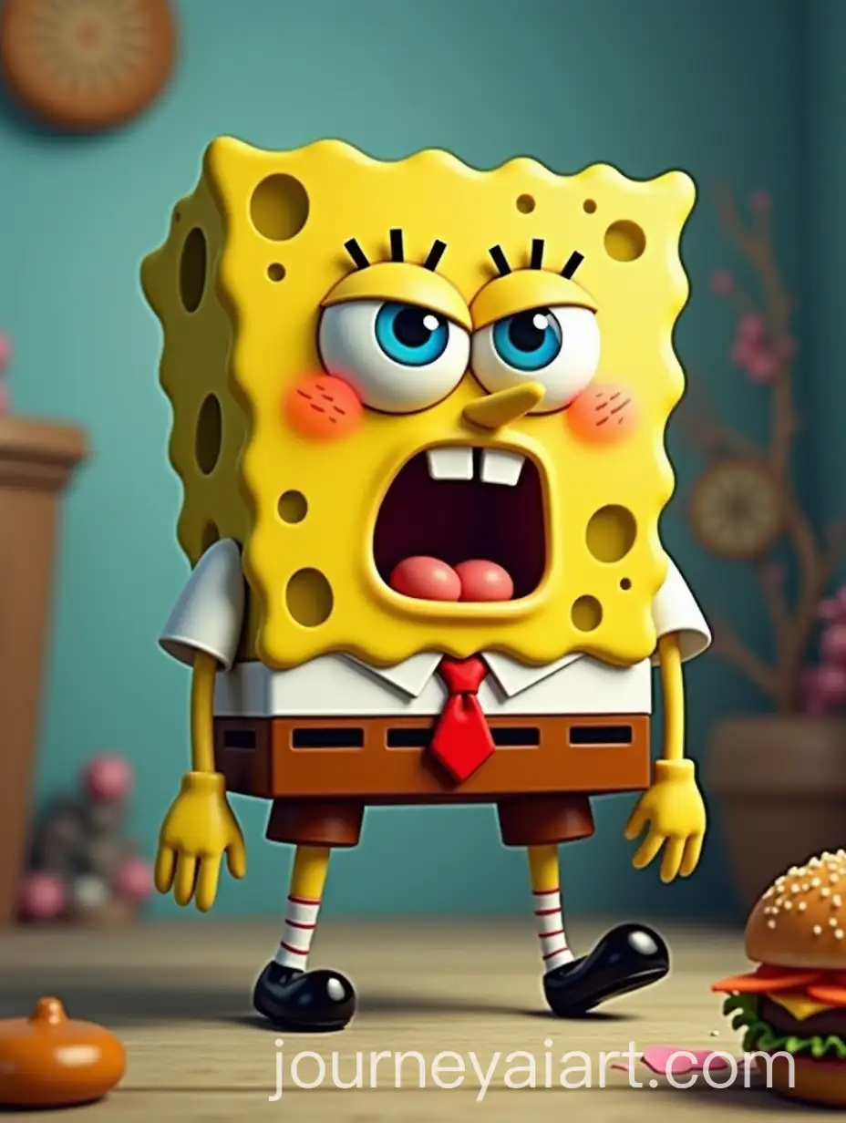 Angry-SpongeBob-Holding-a-Hamburger-in-a-Vibrant-Underwater-Scene