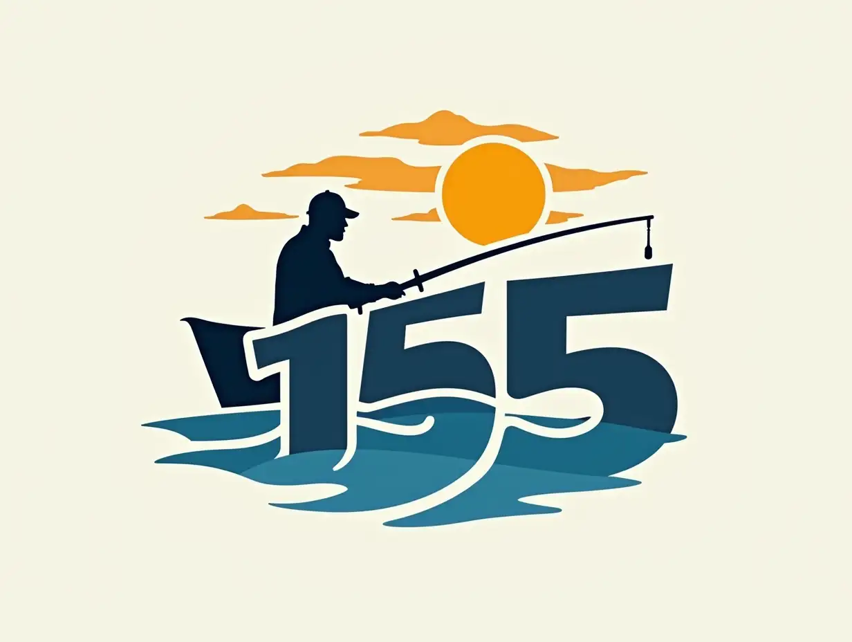 Create a logo using the number 155 that symbolizes a fisherman’s journey to fish for 155 days in a row for better health and to raise money for charity