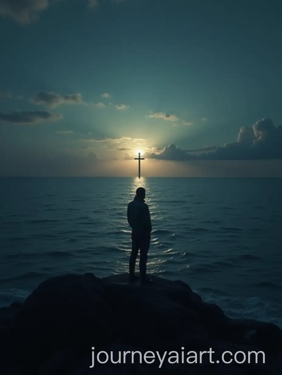 Person-Staring-Across-the-Sea-at-Distant-Cross-on-Horizon