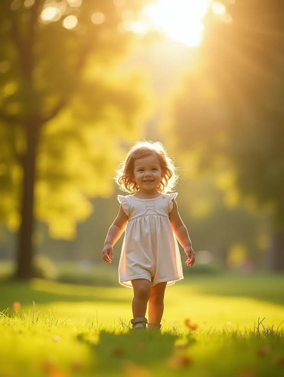 A joyful child standing in a vibrant, sunlit park, surrounded by the warm embrace of nature...