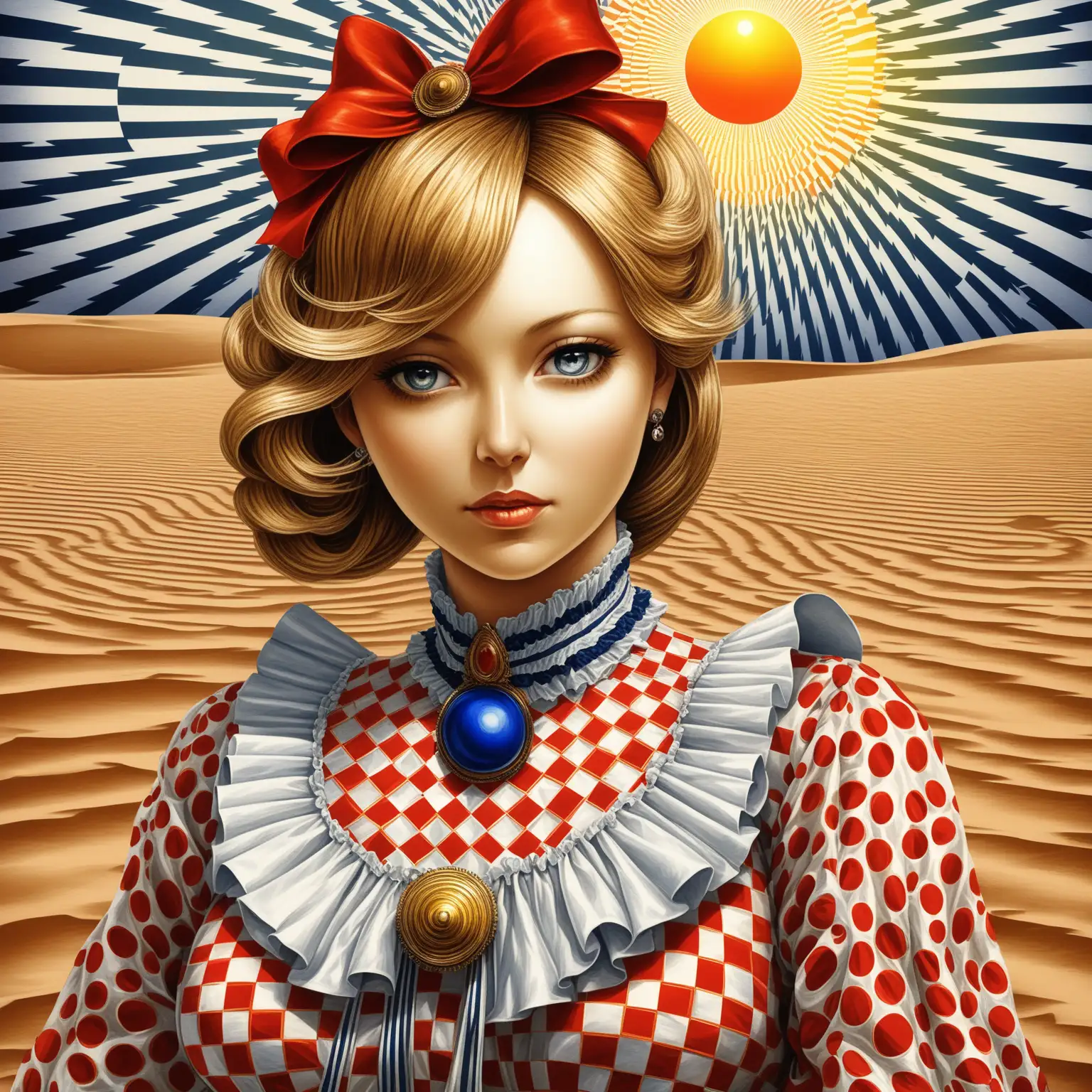 Slovak Woman in Op Art Style with Desert Harbor Sunset