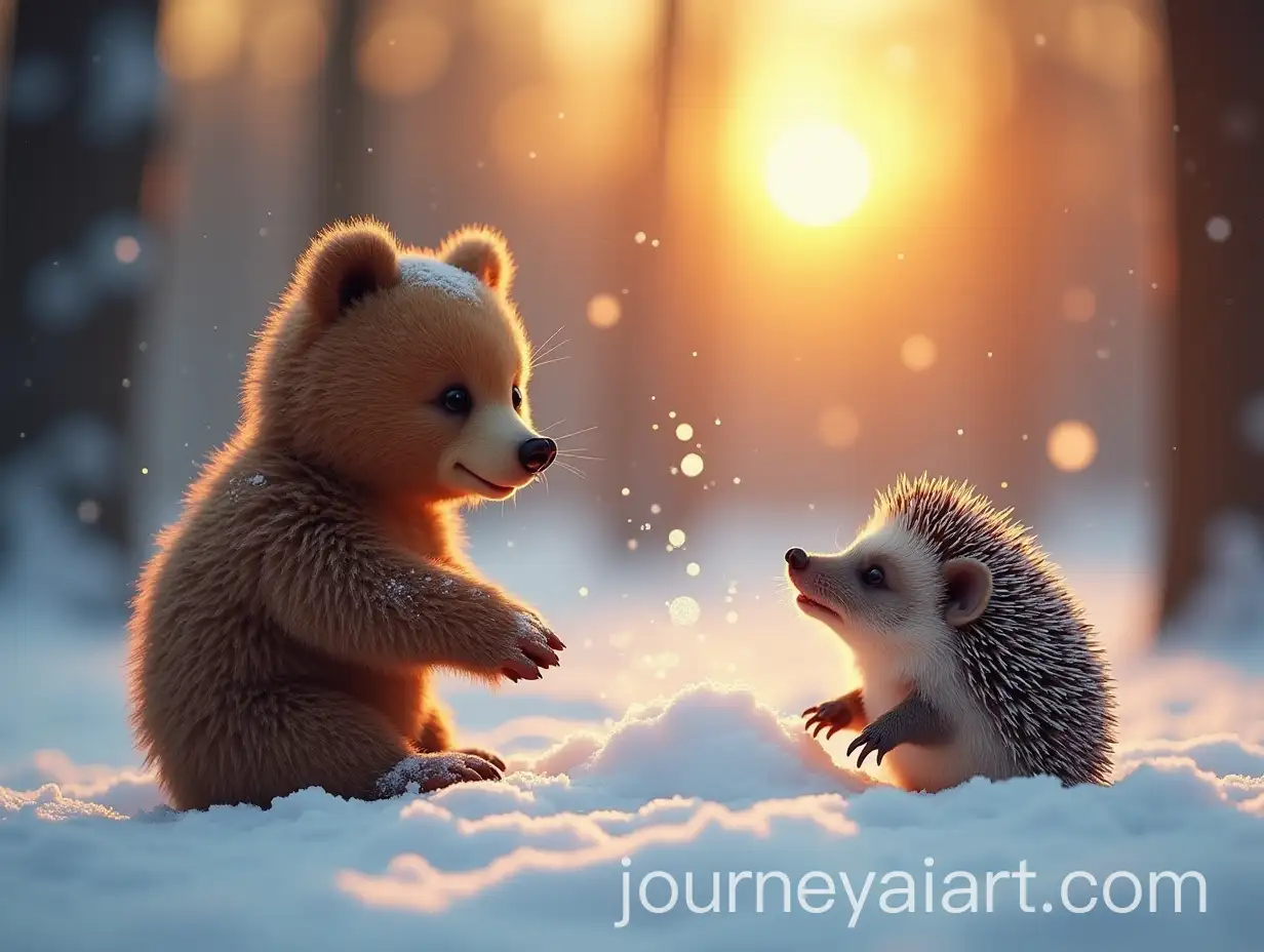 Funny-Baby-Bear-and-Baby-Hedgehog-Playing-in-Snow-at-Sunset-in-Winter-Woods
