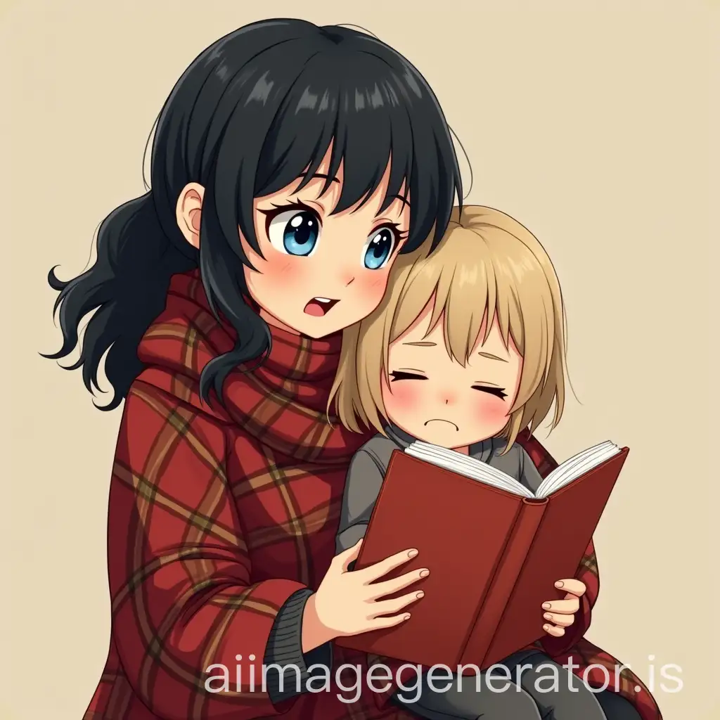 Cartoon-Girl-Reading-a-Book-While-Hugging-a-Younger-Girl-in-Plaid