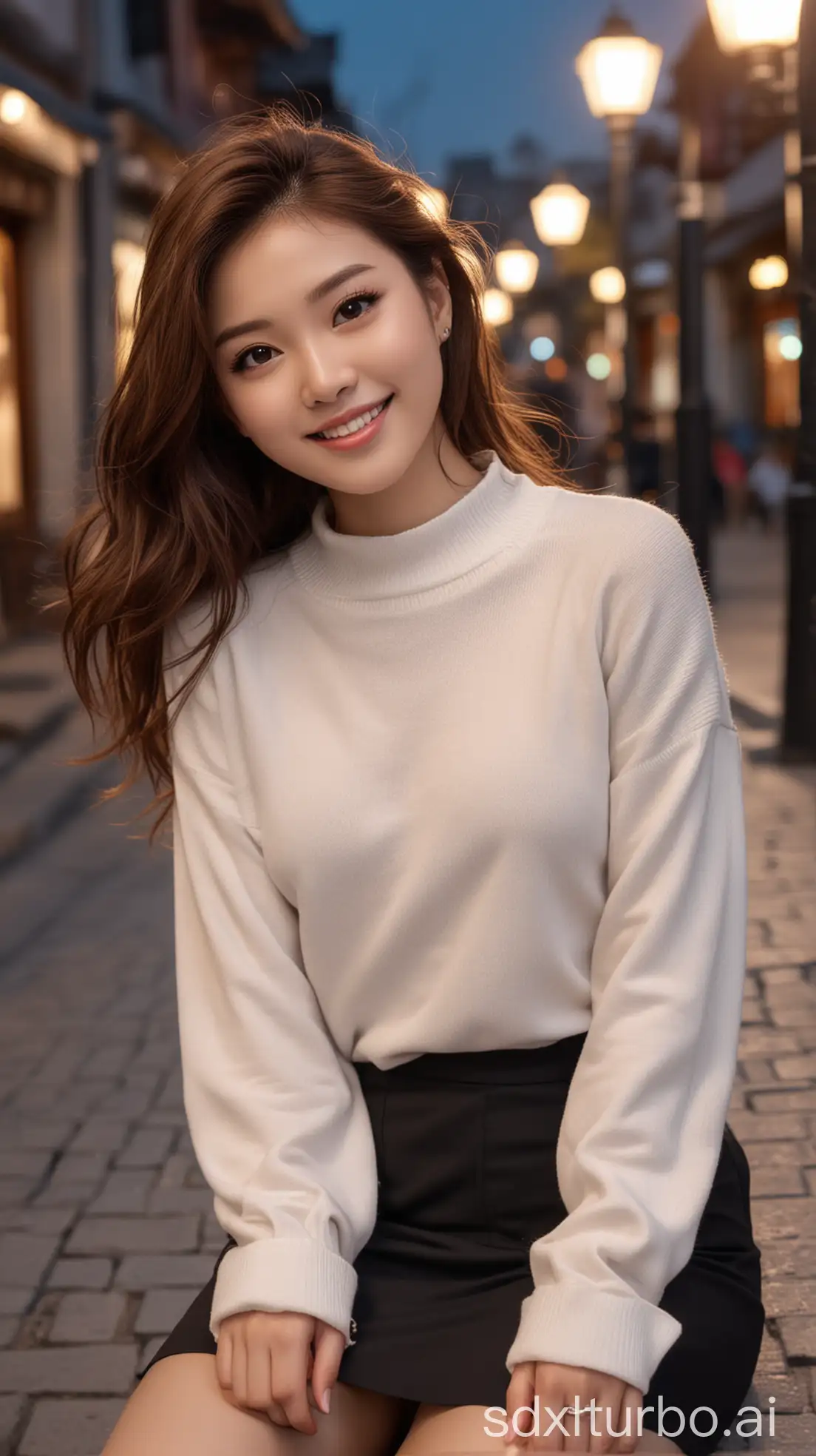 Chinese-Woman-with-Brown-Wavy-Hair-in-Cartoon-Sweater-Lying-on-the-Street-at-Night