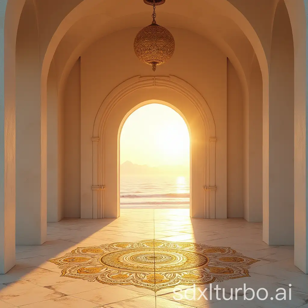 a serene yoga temple awash in golden sunlight, pristine white stone walls, a mesmerizing sun mandala mosaic floor, an intricately carved Viking-style arch doorway framing a breathtaking sunrise beach, highly detailed, ethereal atmosphere