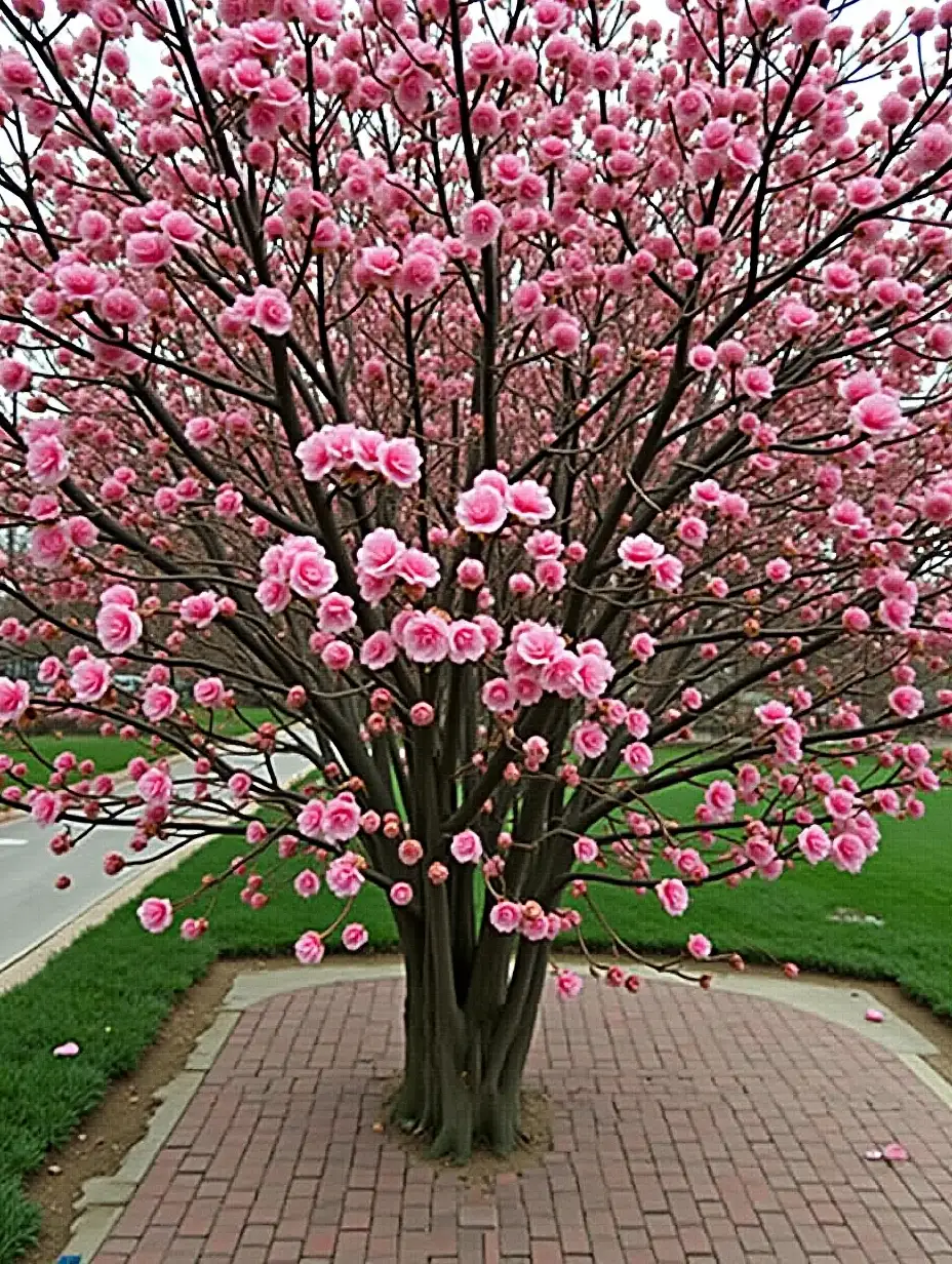 Pink-Camellia-Tree-with-Fallen-Petals-on-Brick-Ground