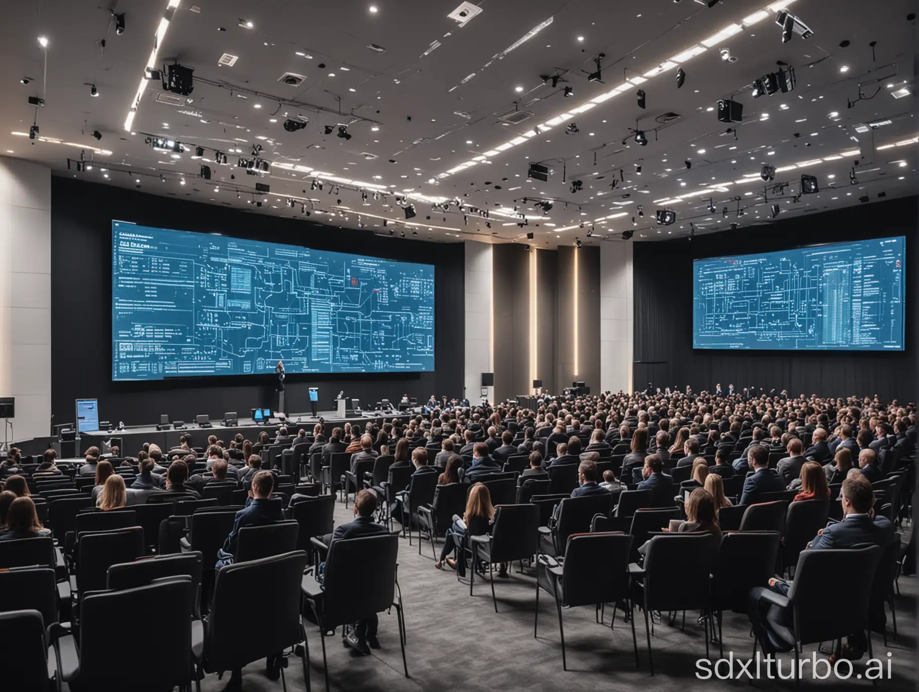 Meeting of bank employees on the topic of managing big data. On the image, a beautiful modern technological hall with a huge screen. On stage in chairs are speakers, like at big conferences. On the screen something related to big data in the bank.