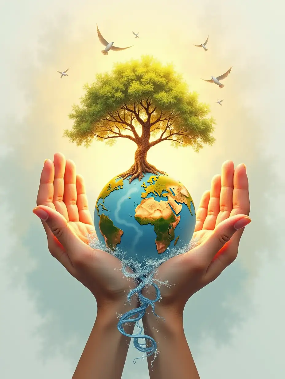 A powerful and symbolic artwork featuring a pair of hands gently cupping a small, glowing Earth, with a mighty tree growing from its surface. The tree’s branches extend outward, seamlessly transforming into flowing rivers, wind currents, and solar energy streaks. The background is soft, pastel-toned with watercolor textures, enhancing the warmth and emotional depth of the image. The composition reflects harmony, sustainability, and the collective power to protect the planet. Highly detailed, artistic, eye-catching, very attractive, 128k uhd