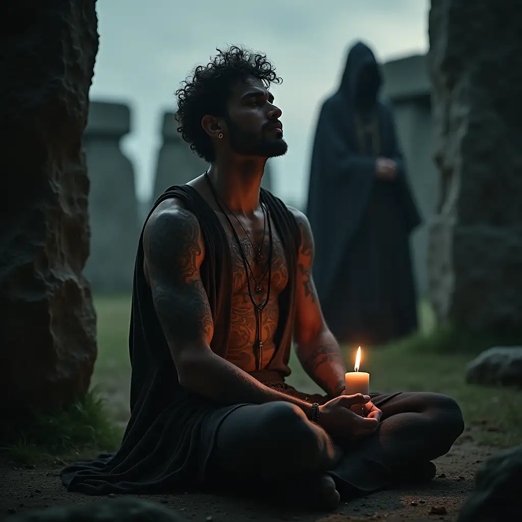 Create an image of a male tattooed Druid waiting blissfully in meditation inside a Stonehenge. holding a candle close in his hands. A hooded tattooed Druid stands in the background. It is a dark mysterious ceremonial setting.