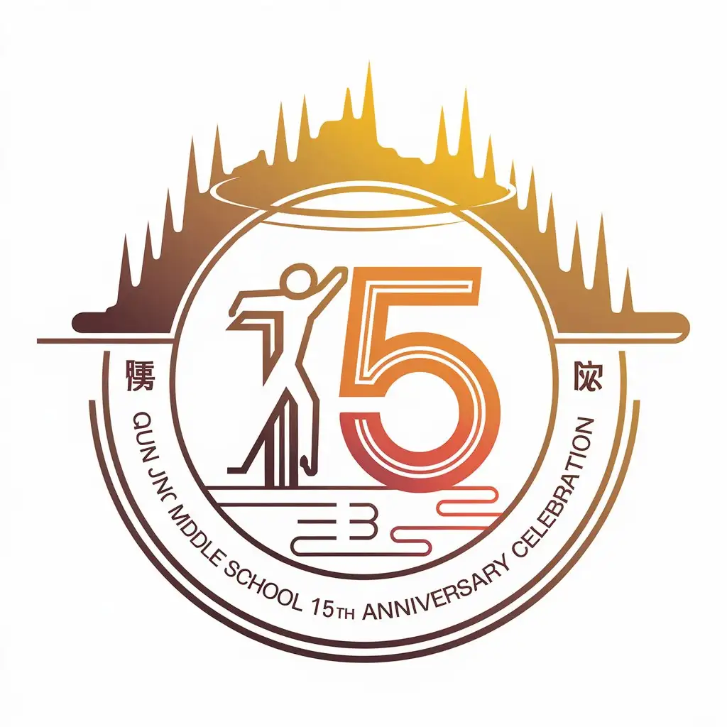 LOGO-Design-For-Qun-Jing-Middle-School-15th-Anniversary-Celebration-Dynamic-15-with-Orange-Gradient-Halo-Light-Effect-and-Fountain-Landscape