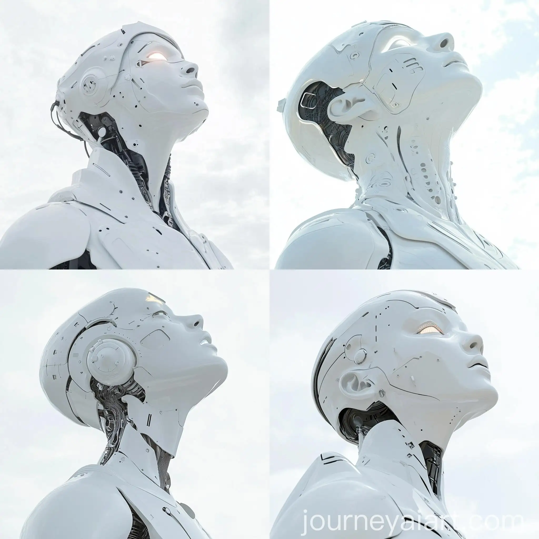 Techno-Renaissance-White-Sculpture-Robot-Male-with-Glowing-Face-Mask-Looking-Up