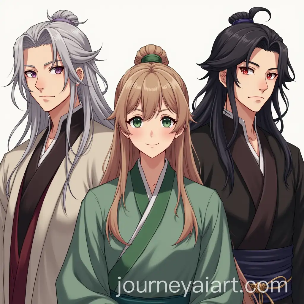 Three-Men-in-Ancient-Chinese-Dress-with-Contrasting-Atmospheres