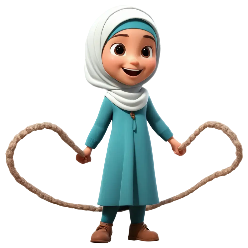 3d cartoon character of cute little girl playing rope while wearing hijab and muslim and laughing